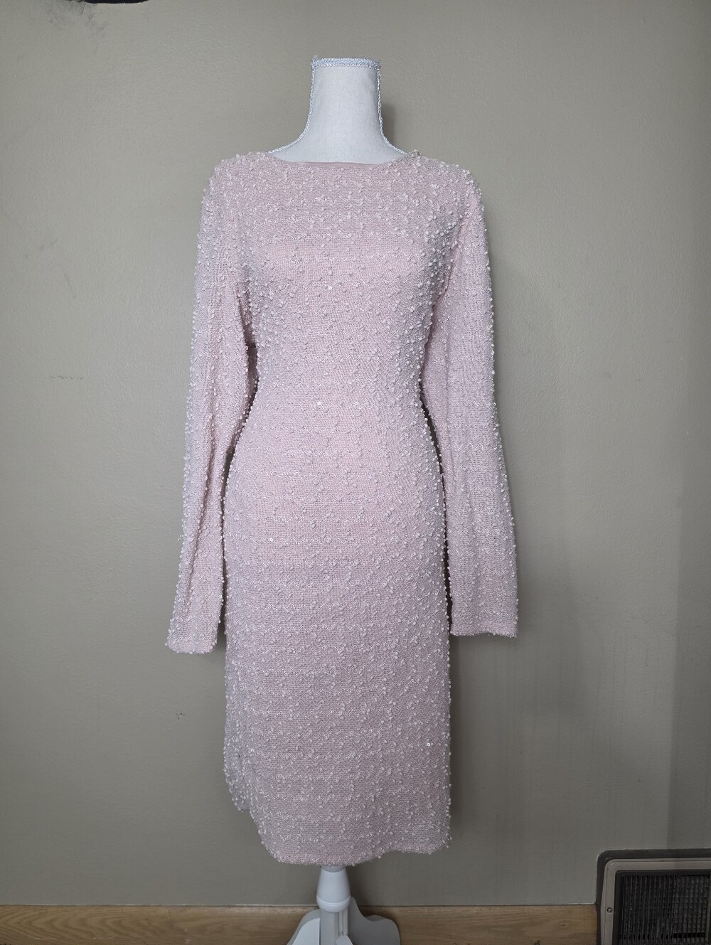 Jennifer Lopez Blush Pink Sparkle Midi Dress | XL | Long Sleeve Cocktail Dress